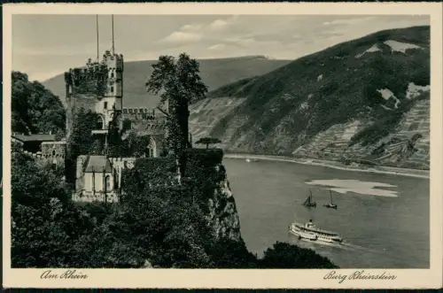 Bingen am Rhein Rhein Schiff Dampfer passiert Burg Schloss Rheinstein 1930