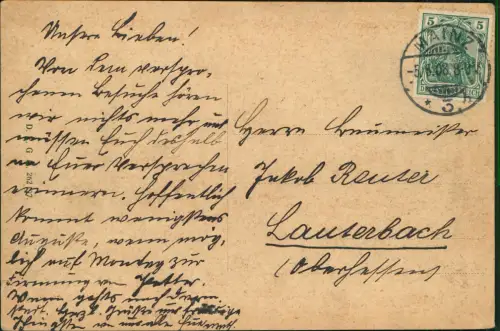 Ansichtskarte Bingen Rhein Burg Schloss Rheinstein 1908 MAINZ nach Lauterbach