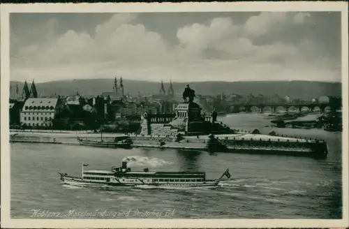 Ansichtskarte Koblenz Rhein-Dampfer passiert Deutsches Eck 1930