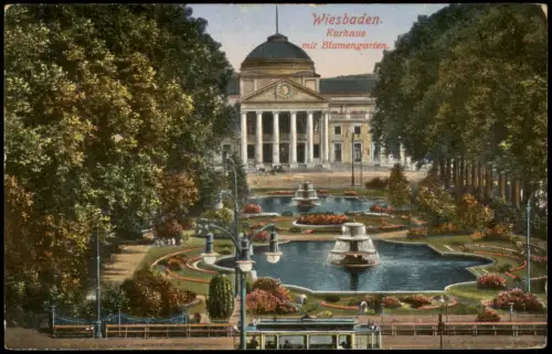 Ansichtskarte Wiesbaden Kurhaus mit Blumengarten 1915    Feldpost