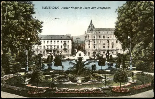 Ansichtskarte Wiesbaden Kaiser Friedrich Platz mit Ziergarten 1916 Feldpost