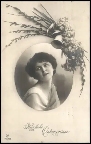 Ostern Easter Ostergrüsse mit Frauen-Porträt u. Blumenschmuck 1923