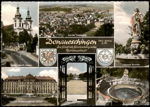 Donaueschingen Mehrbild-AK u.a. Schloss, Donau-Quelle, Hansele Brunnen uvm. 1962