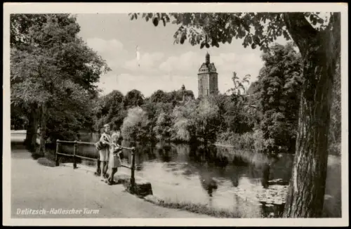 Delitzsch Kinder am Teich, Hallescher Turm zur DDR-Zeit 1954/1953