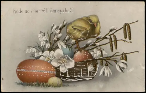 Ostern Easter Ostergruss-Karte aus Ungarn Küken Ostereier 1919 Stempel BUDAPEST