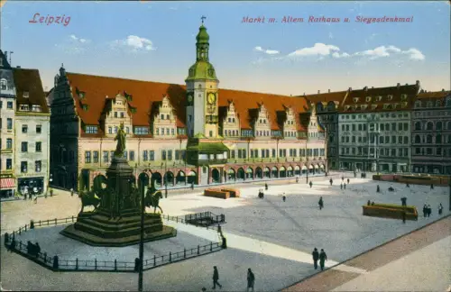 Ansichtskarte Leipzig Markt m. Altem Rathaus u. Siegesdenkmal 1927