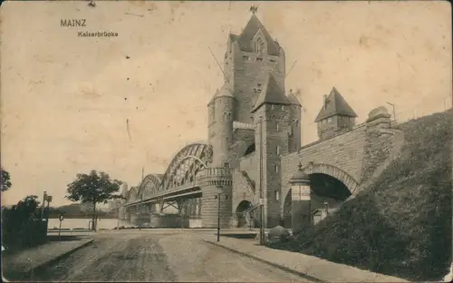 Ansichtskarte Mainz Kaiserbrücke Straße Littfasssäule 1912