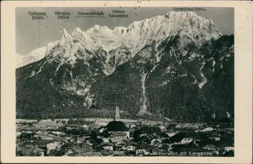 Ansichtskarte Mittenwald Stadtpartie Beschreibung Berggipfel 1929
