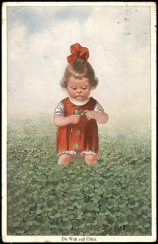 Künstlerkarte Die Welt voll Glück Mädchen zählt Blätter am Kleeblatt 1925