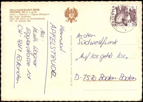 Ansichtskarte St. Blasien Schwarzwald-Gasthof ADLER HÄUSERN 1972