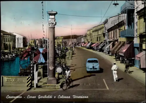 Cesenatico Garibaldi Strassen Ansicht, Hafen Geschäfte altes Auto 1957