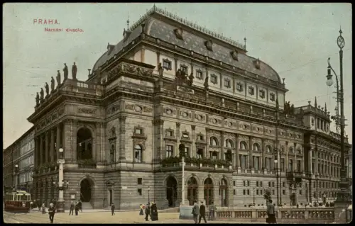 Postcard Prag Praha PRAHA Národní divadlo Tram Gebäude-Ansicht 1911