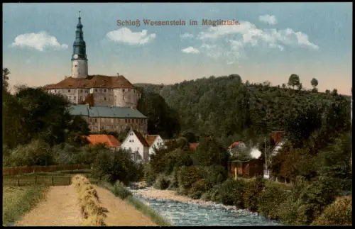 Ansichtskarte Weesenstein (Müglitz) Schloß Stadt Dampflokomotive 1914