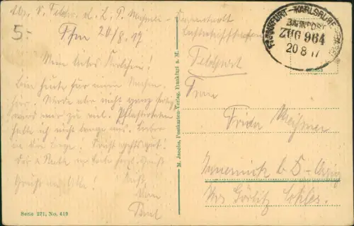 Frankfurt am Main Alte Häuser Frauenstein Römer 1917 Bahnpoststempel Zug 964