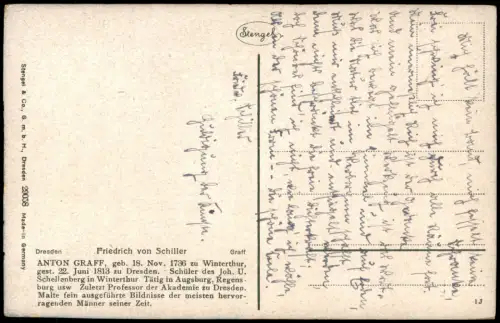Künstlerkarte FRIEDRICH VON SCHILLER Porträt von Anton Graff 1910