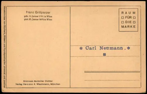 Künstlerkarte Franz Grillparzer nach Lithographie von J. Kriehuber 1920