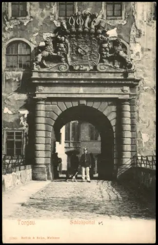 Ansichtskarte Torgau Schloss Hartenfels Soldat Hund Portal Handcoloriert 1908