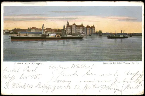 Ansichtskarte Torgau Panorama-Ansicht, Schiff Elbe, Stadt-Teilansicht 1899