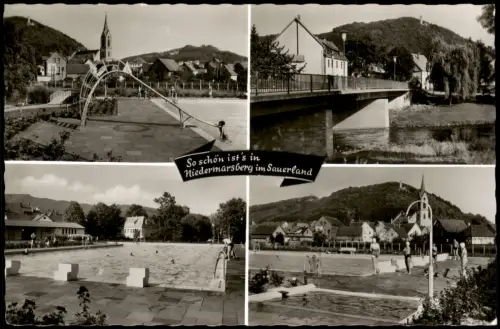 Niedermarsberg-Marsberg Mehrbild-AK Ortsansichten mit Schwimmbad Freibad, Diemel-Brücke 1960