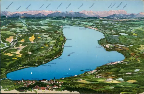 Ansichtskarte Starnberg Starnberger See Panorama Umgebungskarte 1922