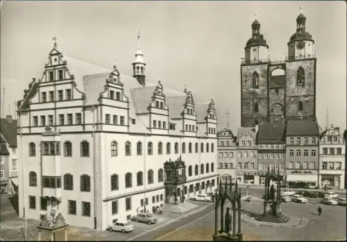 Wittenberge DDR-AK Markt mit Rathaus und Blick zur Stadtkirche 1979