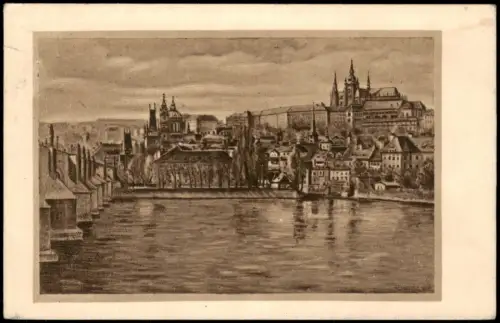 Prag Praha Panorama-Ansicht Fluss Partie Blick Burg Künstlerkarte 1936