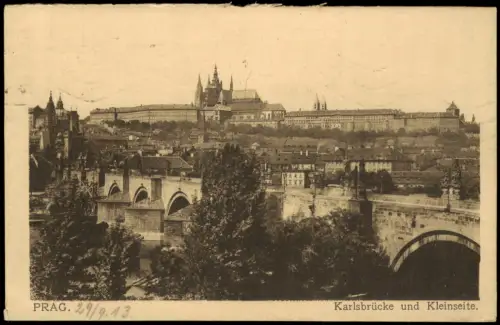 Postcard Prag Praha Panorama-Ansicht Brücke Burg Blick 1913