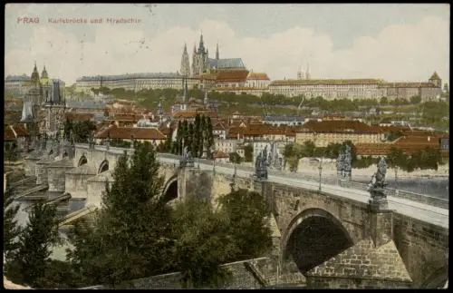 Prag Praha Panorama-Ansicht Karlsbrücke und Burg Hradschin 1909/1908