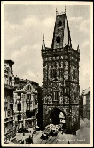 Postcard Prag Praha Prašná brána Pulverturm Tram Straßenbahn 1933