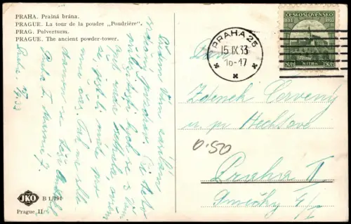 Postcard Prag Praha Prašná brána Pulverturm Tram Straßenbahn 1933