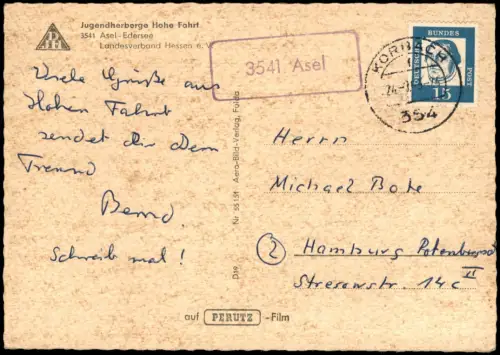 Ansichtskarte Asel (Vöhl) Jugendherberge Hohe Fahrt 1963