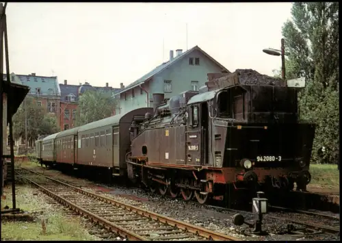 Eibenstock Güterzugdampflokomotive 94 2080 mit Personenzug oberer Bahnhof 1972