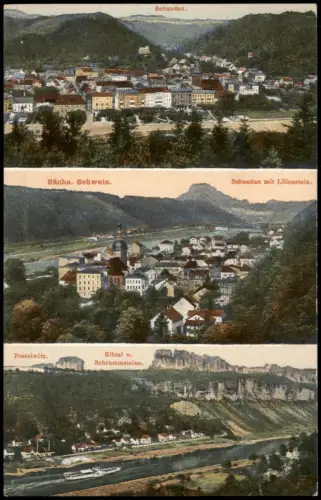 Ansichtskarte Bad Schandau 2-Bild-Karte Panorama und Blick Lilienstein 1910