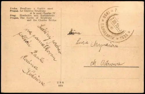 Postcard Prag Praha Hradčany a Karlův most 1935
