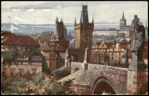 Postcard Prag Praha Stadt-Panorama Kleinseitner Brückentürme 1904