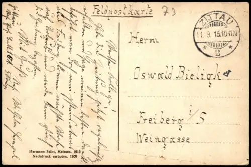 Ansichtskarte Oybin Fenster Kirchruine 1915   1. WK Feldpost gel Stempel ZITTAU