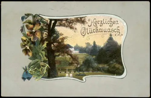 Ansichtskarte  Herzlichen Glückwunsch Landschaftsmotiv mit Ornamenten 1900