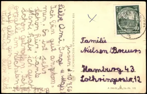 Ansichtskarte Jessen Ortsansicht mit Markt zur DDR-Zeit 1956