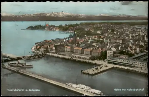 Ansichtskarte Friedrichshafen Luftbild Bodensee Hafen mit Hafenbahnhof 1962