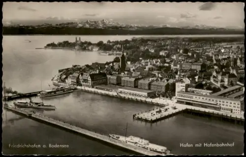 Ansichtskarte Friedrichshafen Hafen mit Hafenbahnhof vom Flugzeug aus 1963
