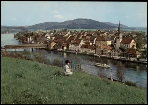 Ansichtskarte Diessenhofen Panorama-Ansicht, Frau auf der Wiese 1970