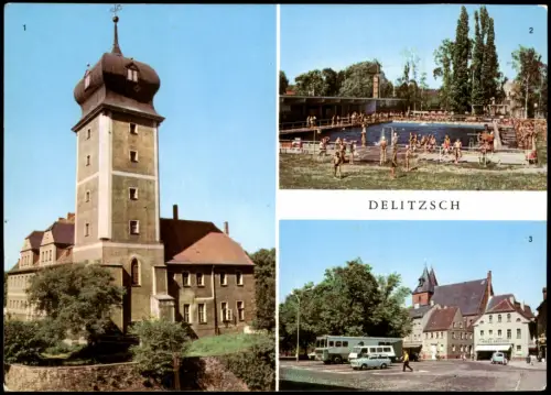 Ansichtskarte Delitzsch 1. Schloß, 2. Bad, 3. Markt 1979/1975