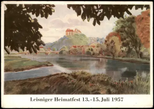 Ansichtskarte Leisnig Stadtteilansicht zur Baumblüte DDR Künstlerkarte 1957