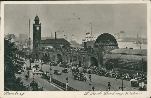 Ansichtskarte St. Pauli-Hamburg Landungsbrücken Autos Verkehr 1941
