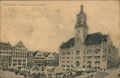 Ansichtskarte Stuttgart Marktplatz mit Markttreiben 1911