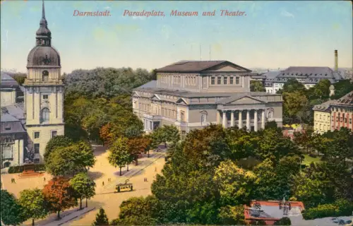 Ansichtskarte Darmstadt Paradeplatz, Museum und Theater. 1914