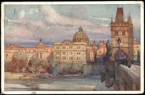Prag Praha La tour du pont Charles et Malá Strana Künstlerkarte 1920