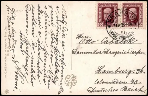 Prag Praha Tyn, Stadtansicht Gebäude-Ansicht, Künstlerkarte 1925