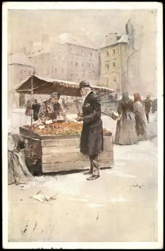 Prag Praha Obst-Verkaufsstand Verkaufsszene Stadt-Teilansicht Künstlerkarte 1930