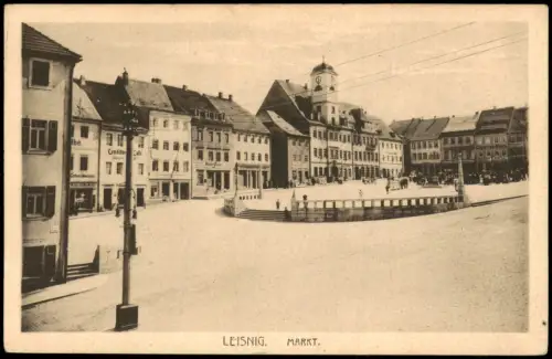 Ansichtskarte Leisnig Marktplatz Markt Geschäfte Lokale 1920